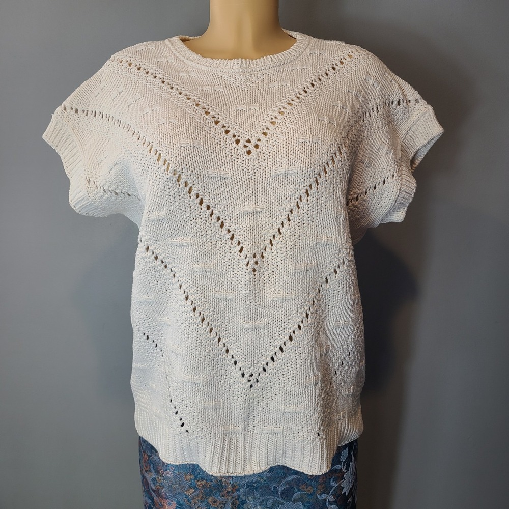 Vintage 90s Crochet Cotton‎ White Knit Cardigan Sweater Oversized Resort Cottage
